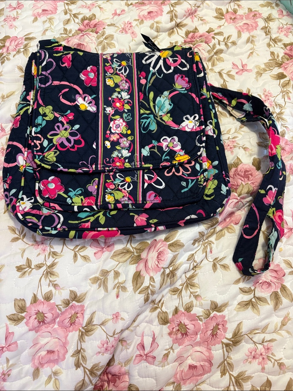 Vera Bradley Navy  Quilted Crossbody Bag in Ribbons print.
